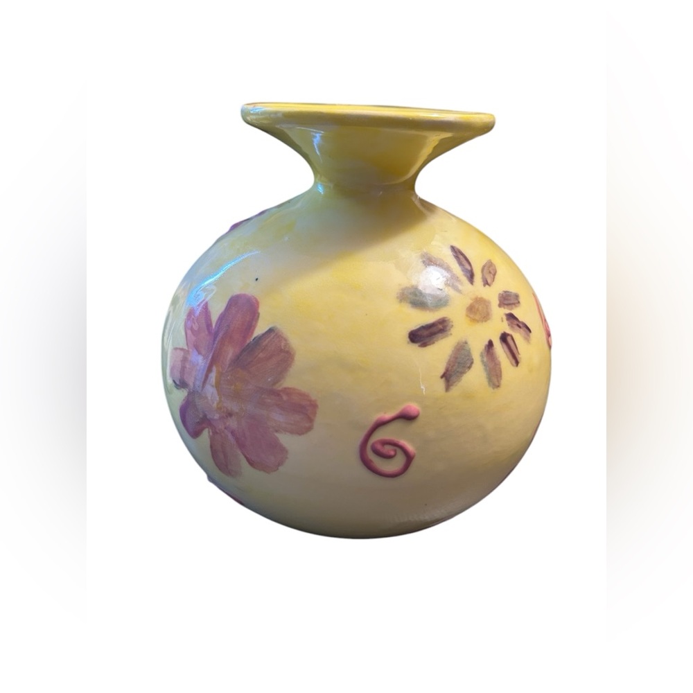 Signed studio art pottery yellow vase with flowers Arlene 6100